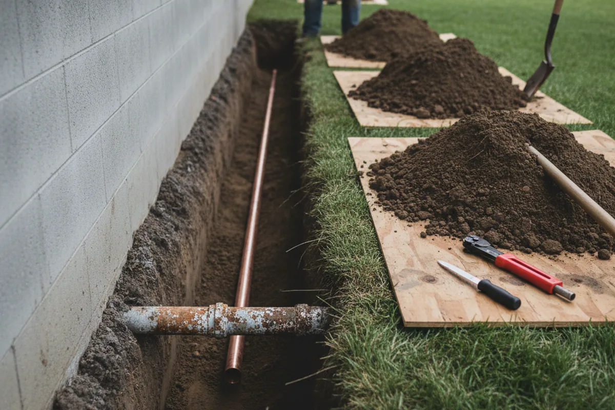 Excavated water line trench during Water Heater Repair in Armagh
